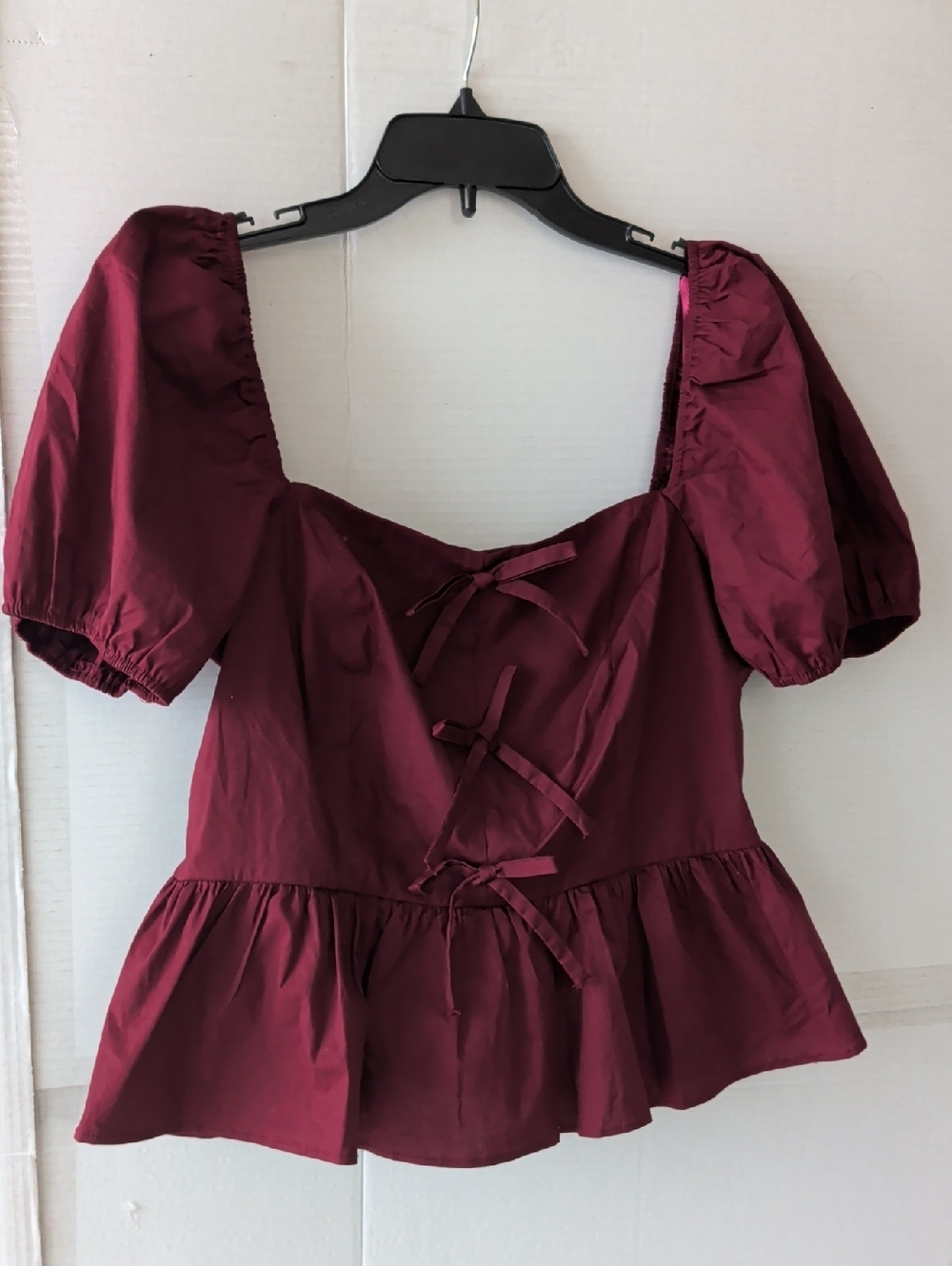 Francesca's Claire Bow Front Burgundy Puff Sleeve  Top Blouse SZ Large Festival